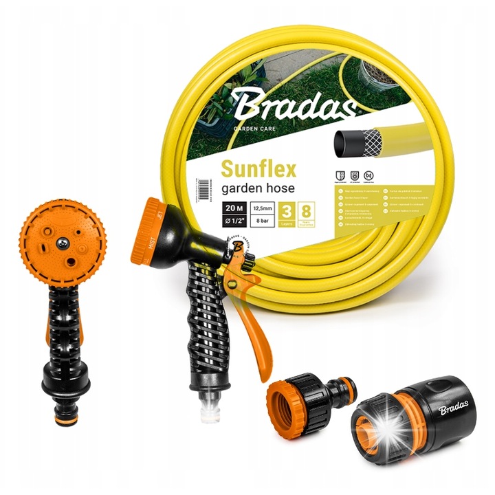SUNFLEX 3-слоен градински маркуч 1/2", 50 м, 7-функционален пистолет, черен, жълт