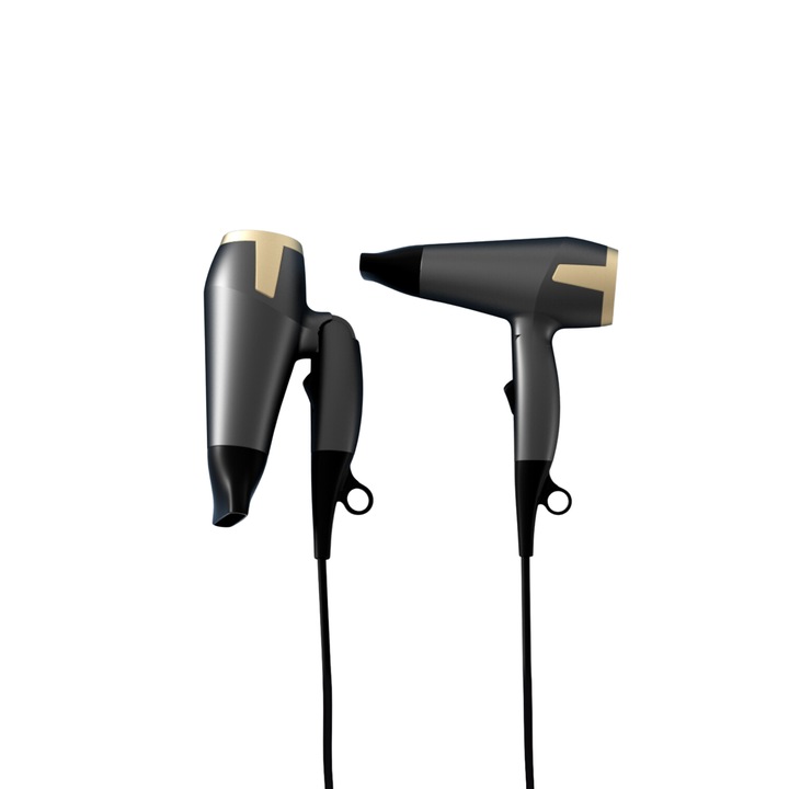 Сгъваем сешоар за пътуване Ryaca 1000W, 2 скорости, 2 температурни нива, концентратор, подвижен филтър, халка за окачване, златисто сив