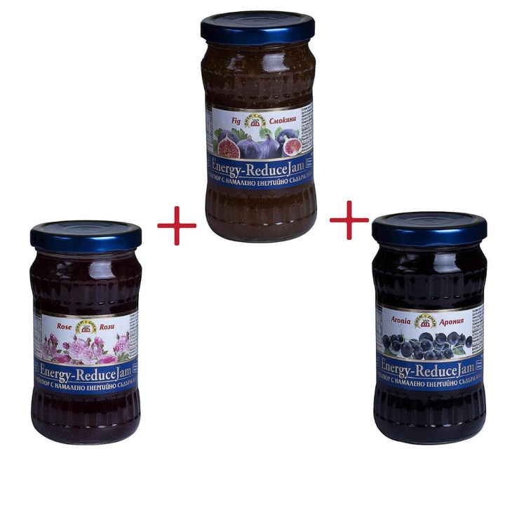 Pachet: Gem fara zahar de Smochine 340g + Gem fara zahar de Petale de Trandafir 340g + Gem fara zahar de Aronia 340g