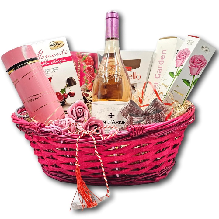 Cos cadou special de 1 si 8 Martie, CADOURI PREMIUM®, model Sunny Spring, cu vin roze frantuzesc Baron D’Arignac, o cutie mare cu bomboane Rafaello si alte produse si accesorii surpriza