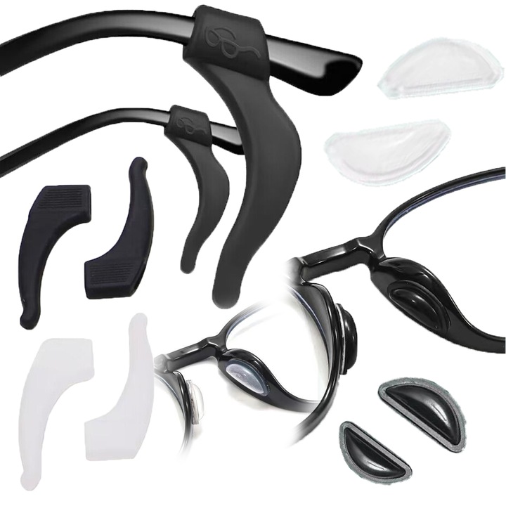 Cleme pentru urechi de ochelari (2 perechi) + pernite nazale pentru ochelari (2 perechi) Cleme antiderapante pentru ochelari, confortabile si elastice, suport din silicon pentru picioare pentru a preveni alunecarea ochelarilor