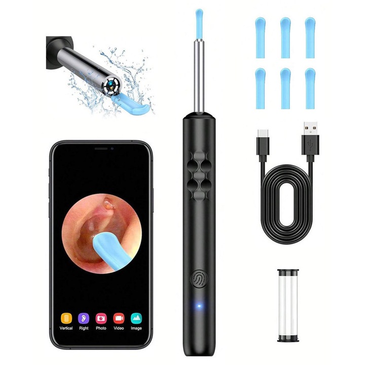 Dispozitiv pentru curatat urechi, camera HD, iluminare LED, 6 lingurite moi din silicon, dispozitiv sigur pentru curatarea urechilor cu temperatura constanta, negru