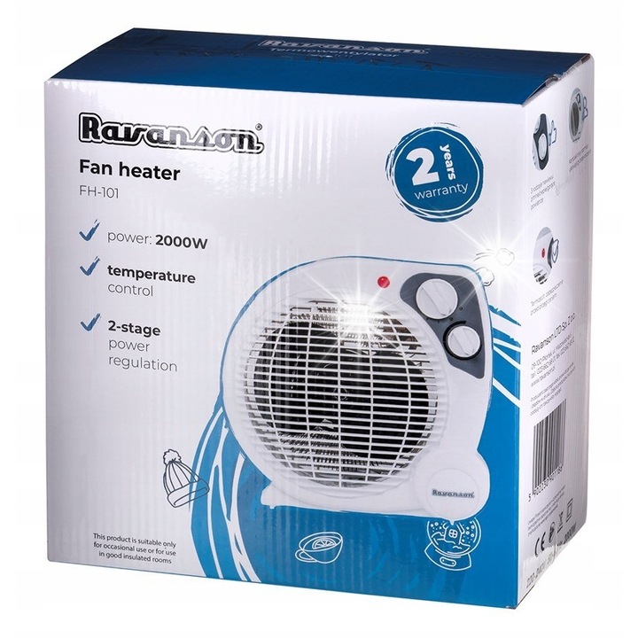 Ventilátoros fűtőtest, Ravanson FH-101, 2000W, fehér, 215x105x225mm