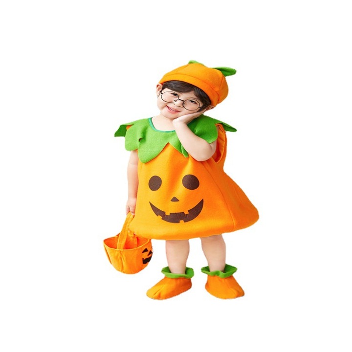 Costum de Halloween pentru copii, set dovleac, palarie, pantofi, geanta, unisex, 2~3 ani