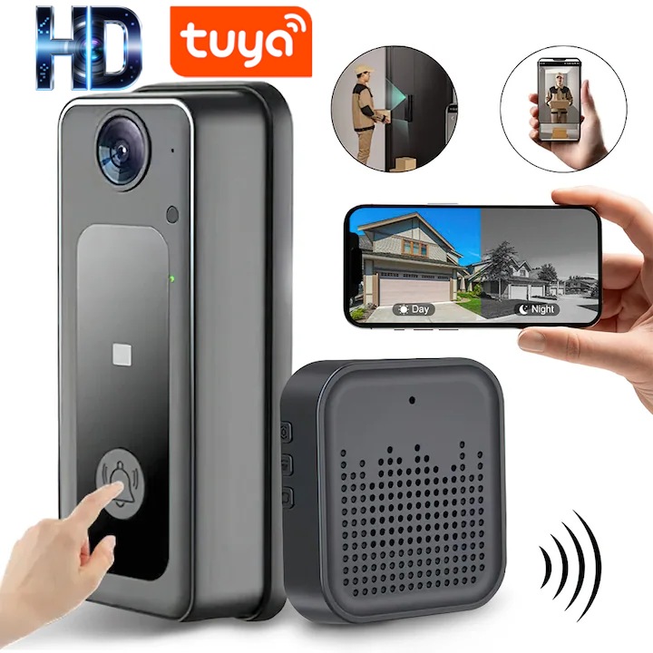 Sonerie Video Inteligenta, Tressino, Wireless Sonerie, Vedere Nocturna cu infrarosu, Cu Camera Video 720P, Microfon Audio Bidirectional, Apel Vocal Si Interfon Video, Rezistenta la apa, Kit montaj perete, Receptor inclus, Negru
