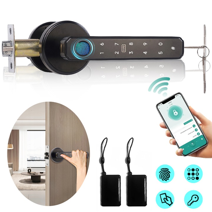 Интелигентна ключалка, Tressino, безжична, пръстов отпечатък, ключ, карта, парола и приложение TUYA, 5 режима на достъп, поддръжка до 100 цифрови отпечатъка и 100 кода, за къща, апартамент и хотел, черна