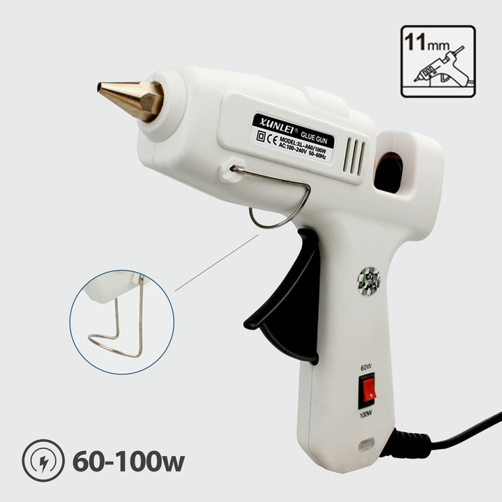 Pistol de lipit, DONFANLIA®, silicon la cald, Duza de cupru，60w-100w, 100-200 °C temperatura, rezistent la caldura, Potrivit pentru silicon transparent 11 mm, reparatii si bricolaj, Alb