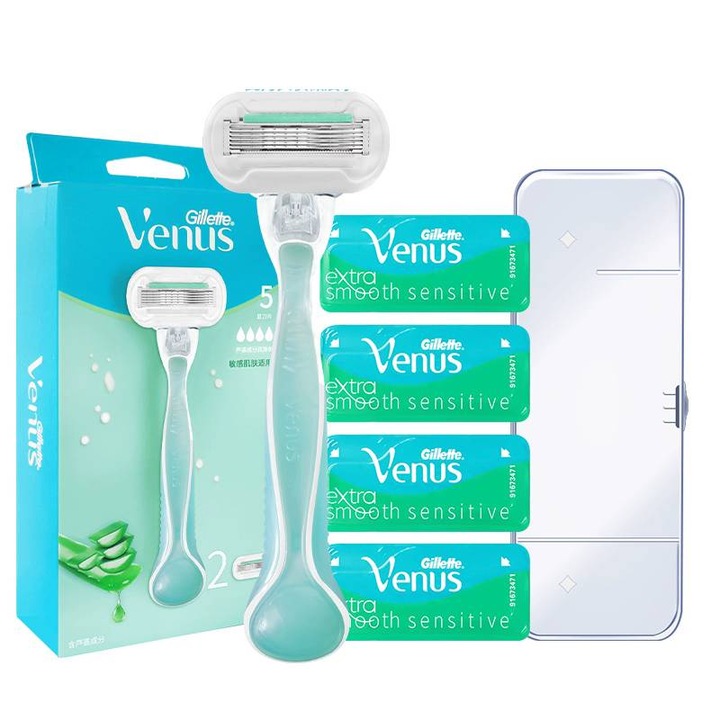 Дамска самобръсначка Gillette Venus, комплект с 4 резервни ножчета, зелен, въртящ се дизайн, защита за кожата