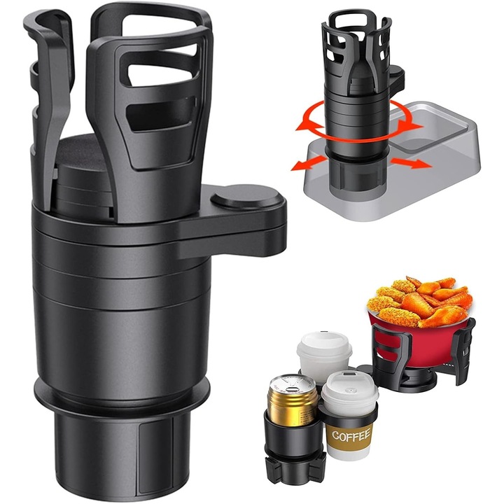 Suport auto multifunctional pentru pahare,4Cup Holder, Organizator 4 in 1, Baza Ajustabila, Protectii Silicon si Spuma, Negru, Anti-vibratii, fabricat din ABS de inalta calitate, unghi reglabil, Raft, Suport pentru ceasca de ceai