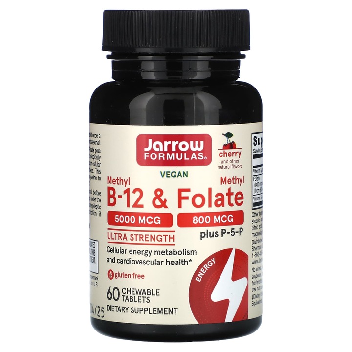 Supliment alimentar Jarrow Formulas, Methyl B-12 & Methyl Folate, 5000 mcg / 800 g, 60 tablete, aroma de visine, vegan