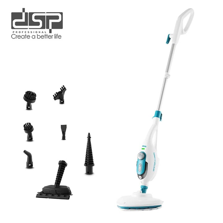 Mop cu abur 10 in 1, 1500 W, 350 ml, inaltime reglabila, autonomie jet de abur continuu 18 minute, 120 x 28 x 29 cm, alb + bleu