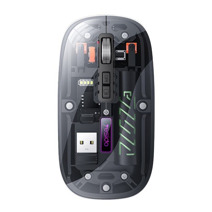 Mouse wireless Bluetooth subtire, dual mode 2.4G si Bluetooth, silentios, reincarcabil, design transparent, 1600 DPI ajustabil in 3 trepte, compatibil cu laptop, PC, Mac, ergonomic