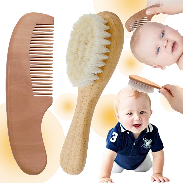 Комплект гребен и четка за бебета (2 броя), глава на четка от мек косъм от коза, четка за баня с дървена дръжка, четка за масаж на главата на бебето и четка за коса на новородено