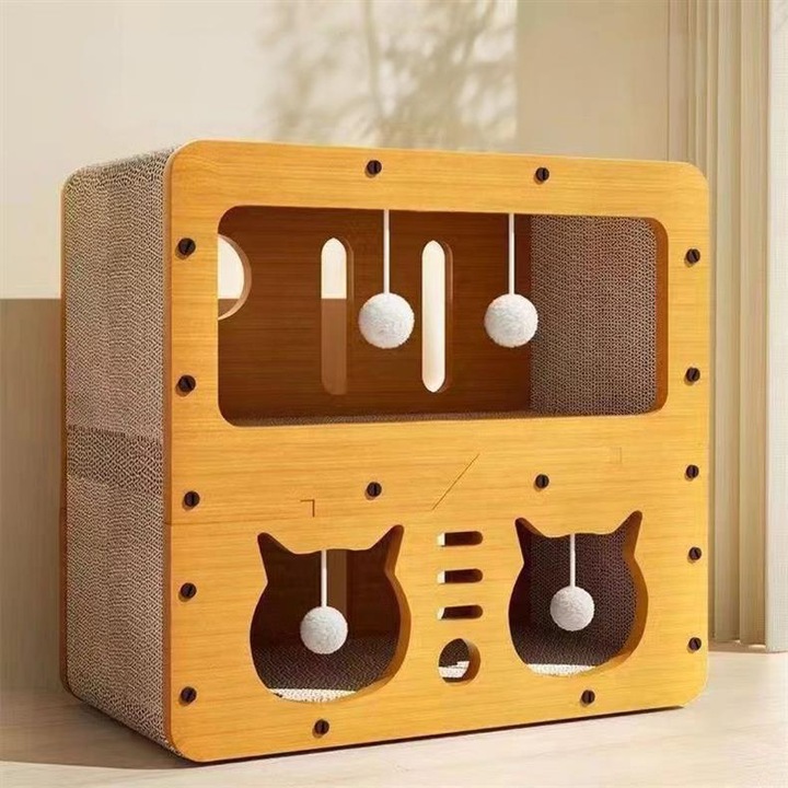 Легло за котки и комбинирана драскалка, Къща за котки от дърво и велпапе, 51x45x28 см, Мултифункционална