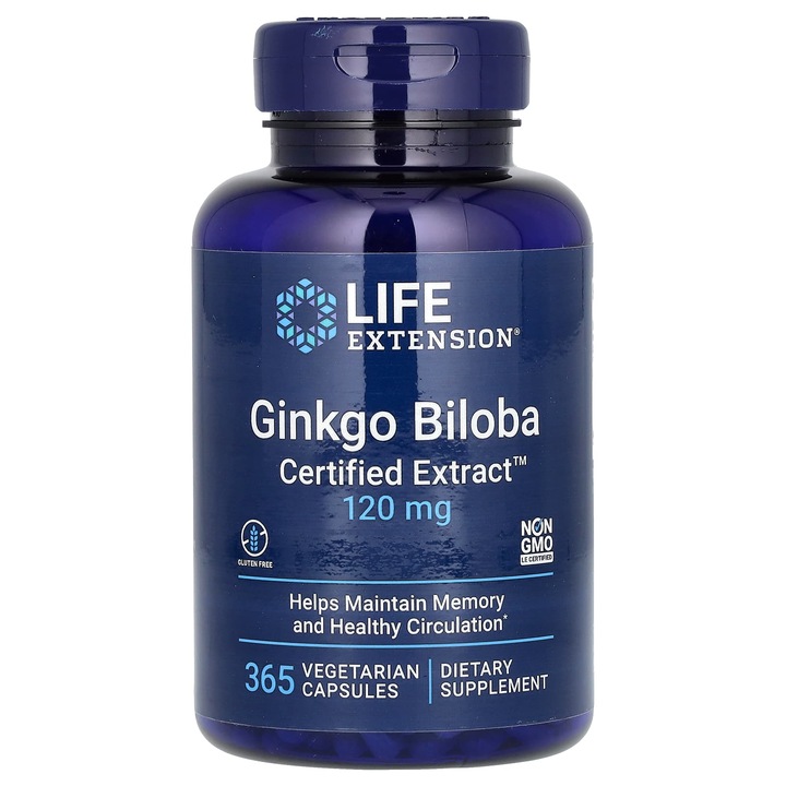 Ginkgo Biloba Life Extension, extract certificat, 120 mg, 365 capsule vegetale, fara gluten, sprijina memoria, circulatia sanatoasa