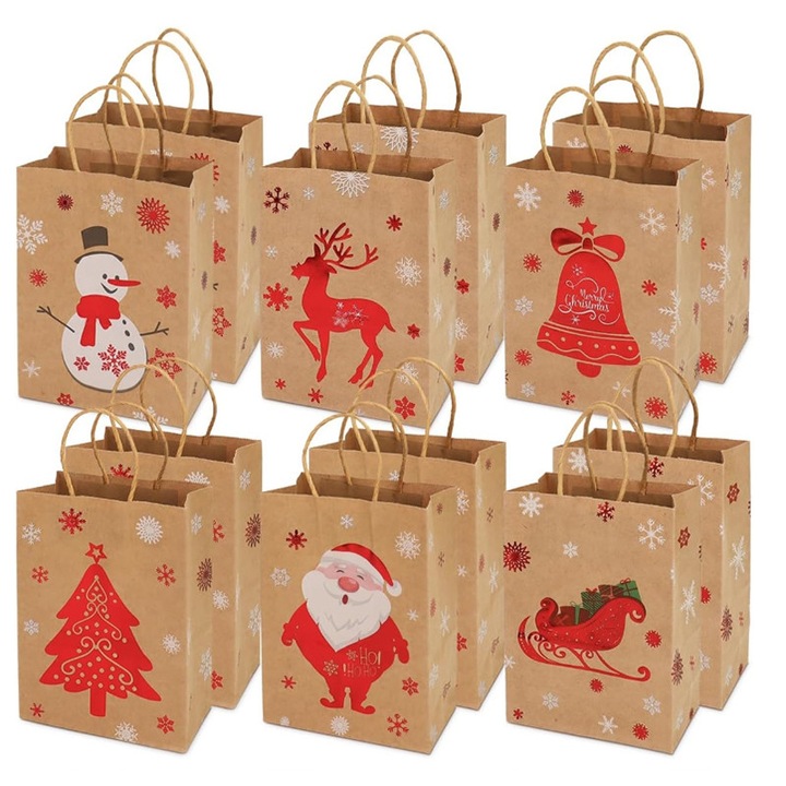 Pungi cadou de Craciun din hartie kraft, pachet de 12, 6 modele, Qurevo®, 21 x 15 x 8 cm, culori asortate