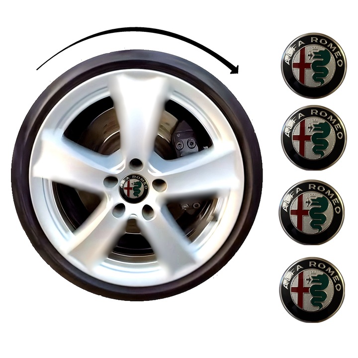 Set capace giroscopice 60mm compatibil Alfa Romeo pentru jante OEM - logo clasic nou Aluminiu Lucios