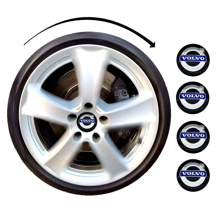 Set capace giroscopice 64mm compatibil Volvo pentru jante OEM - logo Clasic negru Aluminiu Lucios