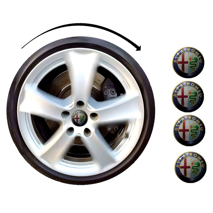 Set capace giroscopice 50mm compatibil Alfa Romeo pentru jante OEM - logo clasic Aluminiu Lucios