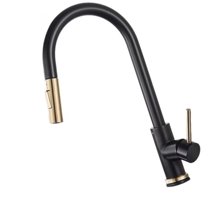 Konyhai mosogató csaptelep, Kihúzható zuhanyfej, Matt fekete/Arany, 2 vízsugár funkció, Könnyen kihúzható, Fröccsenésálló és csendes, Kopásálló és szennyeződésgátló, Víztakarékos és nagy hatékonyságú, Könnyű beszerelés