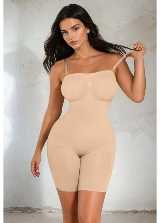 Body Modelator Ptr Femei Nude, cu Picior si Bretele Detasabile, Push-Up Fese, Subtiaza Talia, Uscare Rapida, Lenjerie Invizibila Tip Pantaloni Scurti, Bej