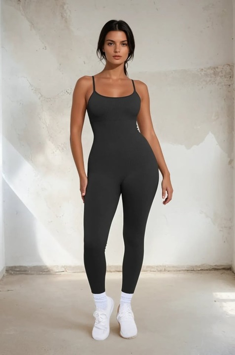 Salopeta Seamless cu Bretele Subtiri Reglabile si Sustinere Abdominala – Modelatoare & Comfort Fit ptr Sala si Fitness, Negru