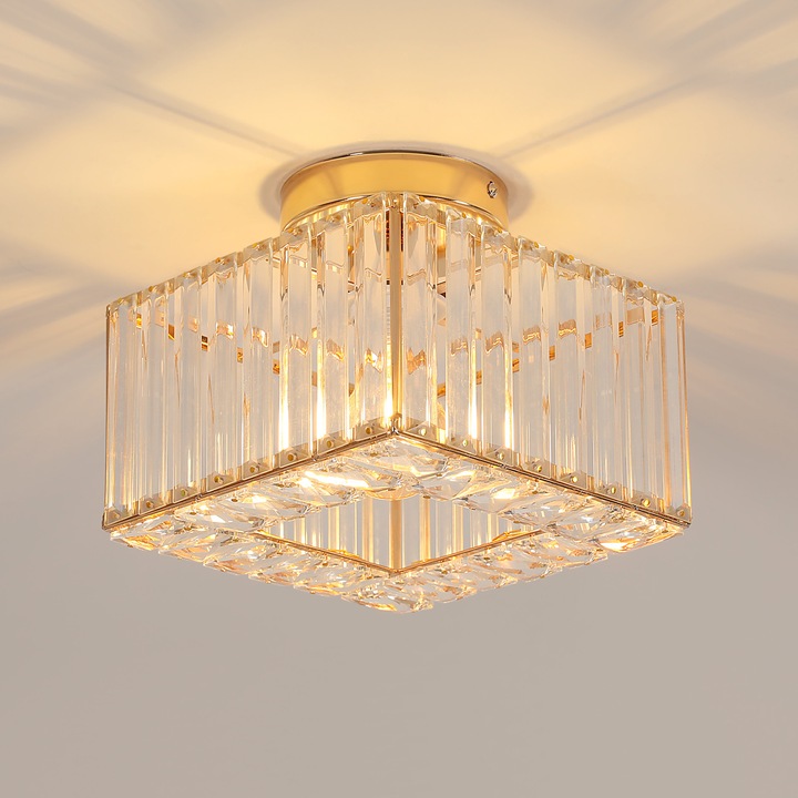 Таванна лампа, Toolight, Кристал, Златист, Квадратна, 22CM, E27, Без включена крушка, Подходяща за спалня, всекидневна, трапезария, офис, коридор