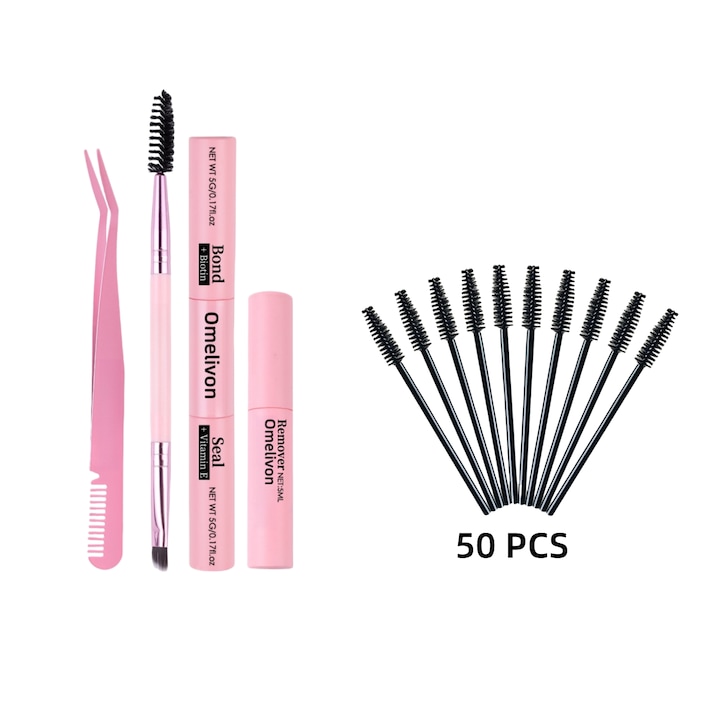 Omelivon®, Set de instrumente pentru gene, 50 buc perie pentru gene, 1 buc creion pentru gene, 1 buc Bond&seal, 1 buc Remover