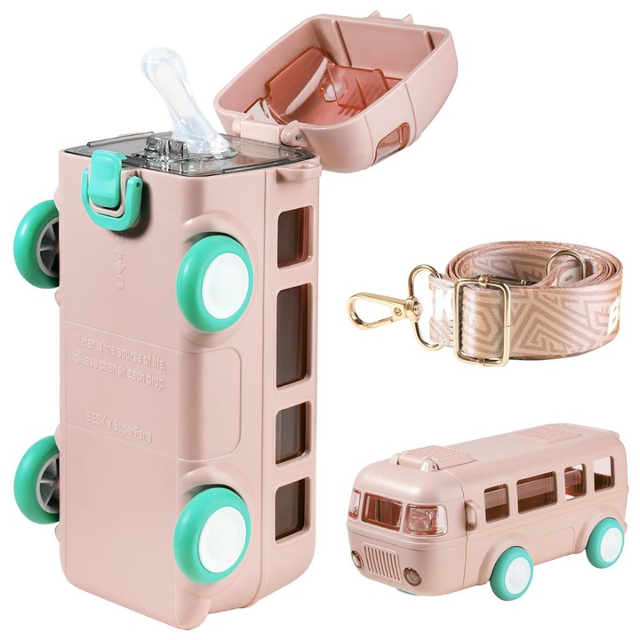 Детска бутилка за вода Macvi® с дизайн на играчка автобус, 500 мл, без BPA, херметична, с бутон, включена презрамка за носене, розова