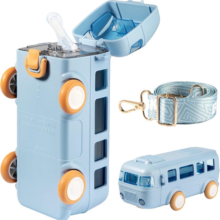 Детска бутилка за вода Macvi® с дизайн на играчка автобус, 500 мл, без BPA, херметична, с бутон, включена презрамка за носене, синя