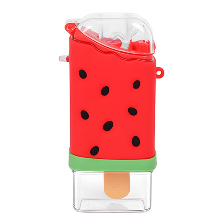 Macvi® Бутилка за вода за деца, форма на сладолед с диня, 300 мл, без BPA, херметична, непропусклива, капак против протичане, вградена сламка, лесна за почистване, червена