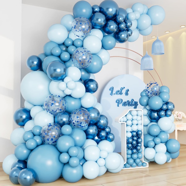 Kit ghirlanda baloane albastre, 140 bucati, baloane confetti, decor pentru petrecere zi de nastere baieti, baby shower