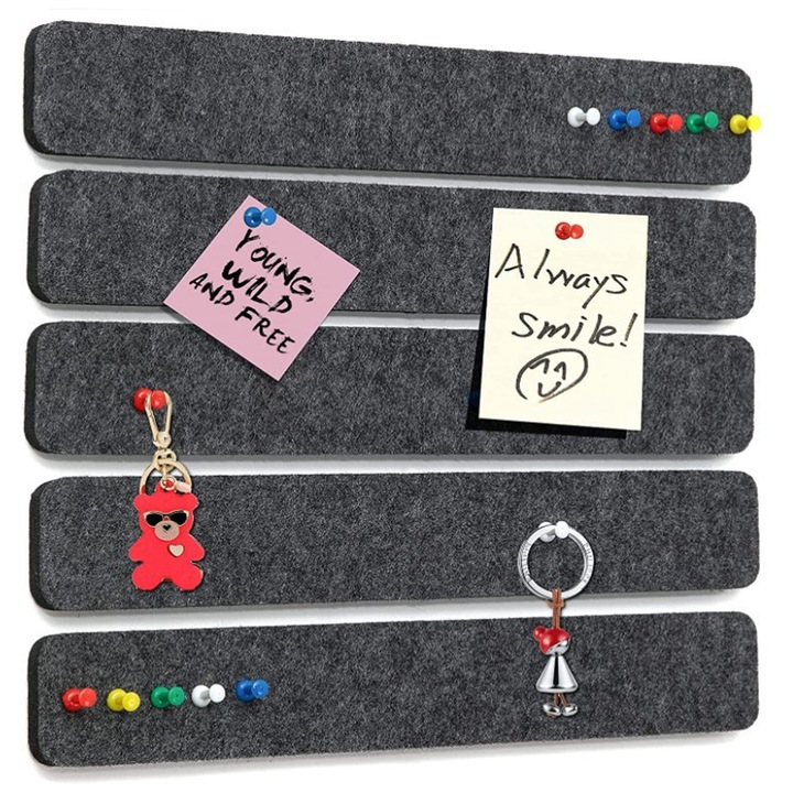 Set 5 panouri din pluta pentru afisaj, Axroad Mall, Usor de utilizat, Design creativ personalizat, Cu 40 push pins, Autoadeziv, Pentru birou, camera copii, bucatarie, 33*5*1.2cm, Gri inchis