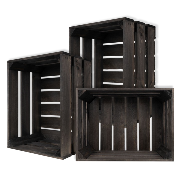 3 darabos készlet Fekete fadoboz, 40 x 30 x 23 cm, Creative Deco, vintage, kopott stílusban, Ideális tárgyakhoz, Gyümölcstálca, Díszdobozok barkács dekorációhoz