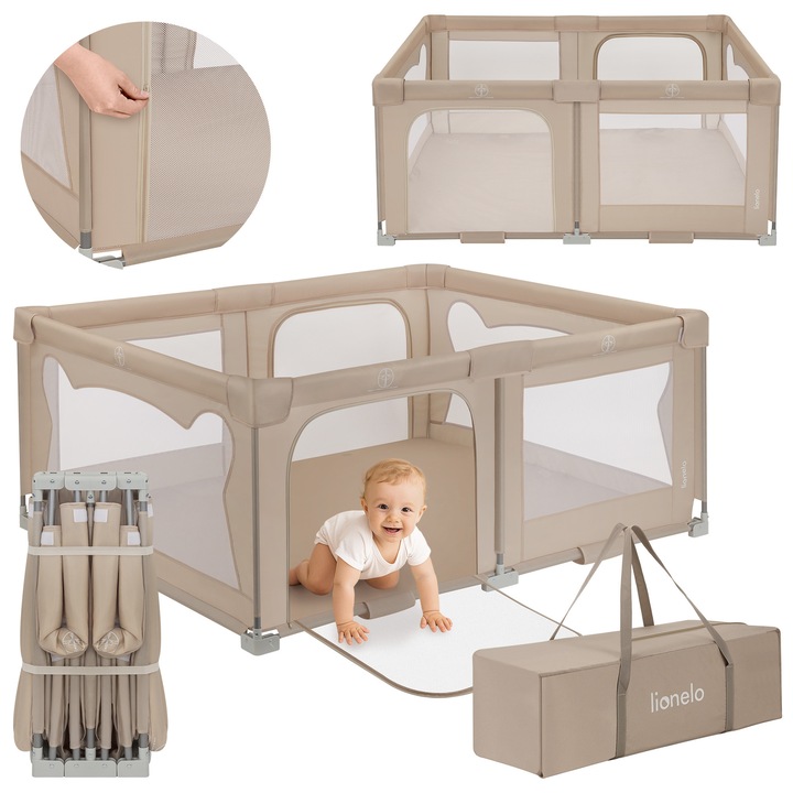 Tarc de joaca copii, Lionelo, FLORENCE EASY FOLD, 150x180 cm, Pliere compacta, Include geanta de transport, Din plasa, Cu doua intrari laterale si fermoar, Cu ventuze pentru stabilitate, Bej