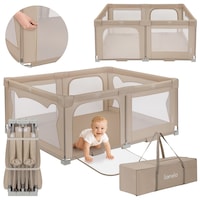 Tarc de joaca copii, Lionelo, FLORENCE EASY FOLD, 150x180 cm, Pliere compacta, Include geanta de transport, Din plasa, Cu doua intrari laterale si fermoar, Cu ventuze pentru stabilitate, Bej
