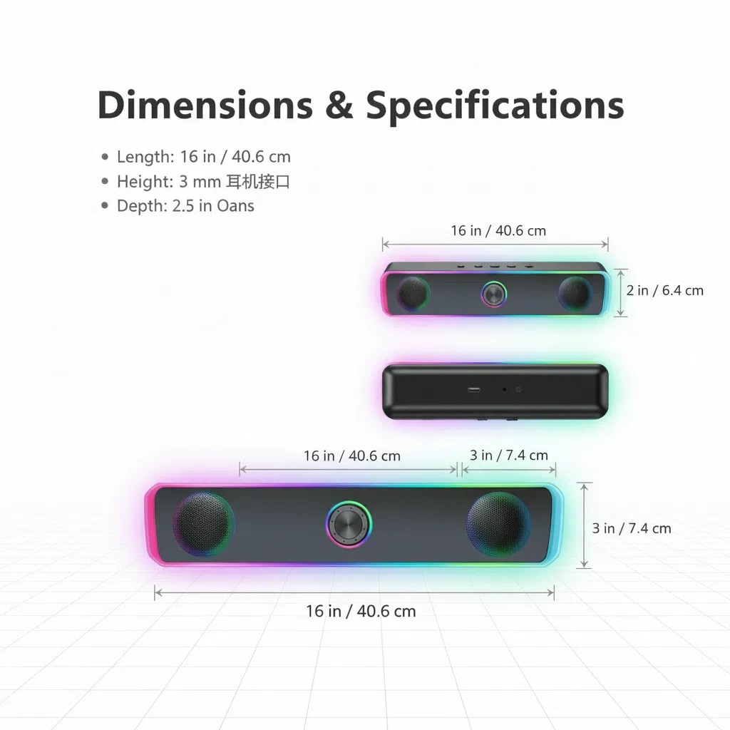 Sound bar portabila cu Bluetooth, RGB, Iluminare 4D, Bass puternic, Sunet de joc de inalta calitate, Control tactil, Port audio 3.5mm, Negru，Ugo®