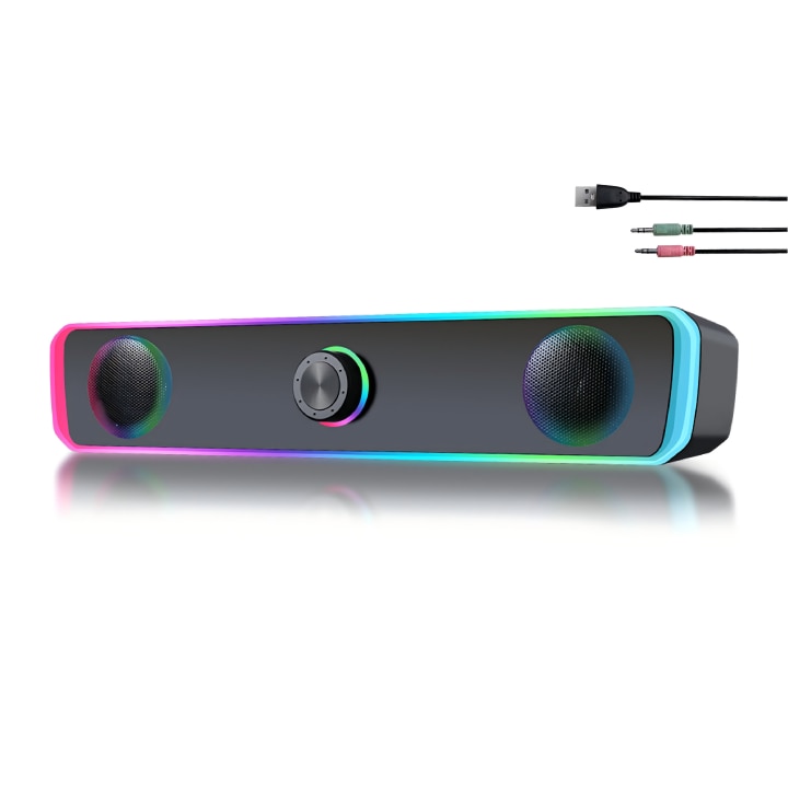 Sound bar portabila cu Bluetooth, RGB, Iluminare 4D, Bass puternic, Sunet de joc de inalta calitate, Control tactil, Port audio 3.5mm, Negru，Ugo®