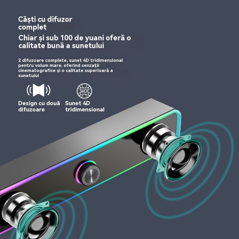 Sound bar portabila cu Bluetooth, RGB, Iluminare 4D, Bass puternic, Sunet de joc de inalta calitate, Control tactil, Port audio 3.5mm, Negru，Ugo®