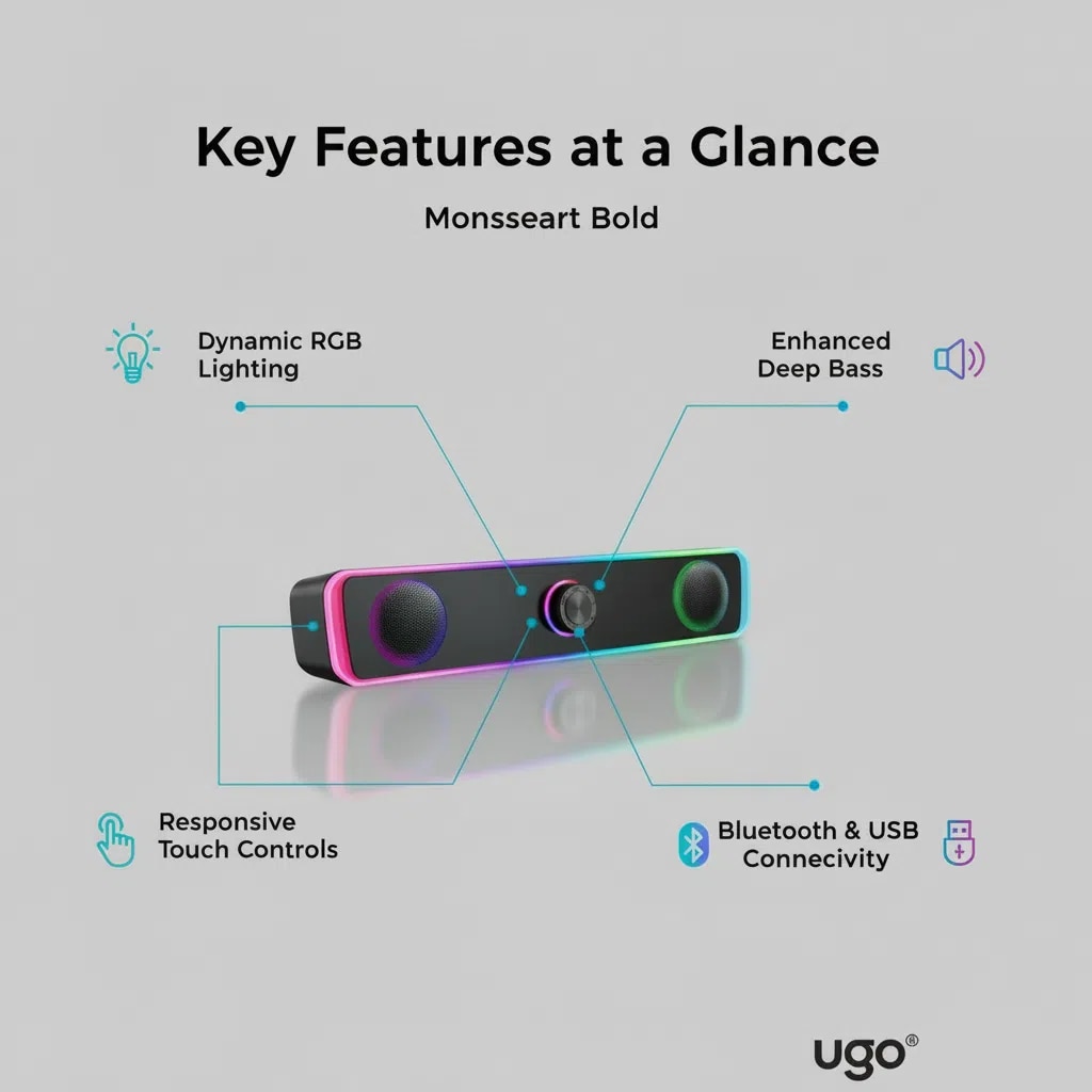 Sound bar portabila cu Bluetooth, RGB, Iluminare 4D, Bass puternic, Sunet de joc de inalta calitate, Control tactil, Port audio 3.5mm, Negru，Ugo®