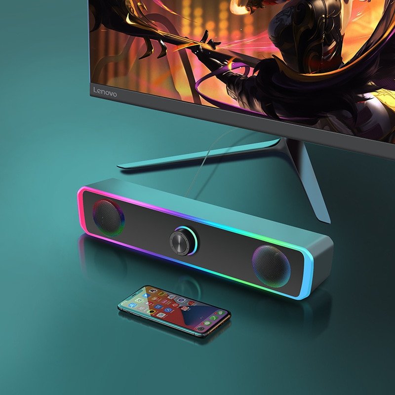 Sound bar portabila cu Bluetooth, RGB, Iluminare 4D, Bass puternic, Sunet de joc de inalta calitate, Control tactil, Port audio 3.5mm, Negru，Ugo®