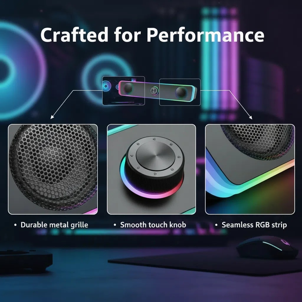 Sound bar portabila cu Bluetooth, RGB, Iluminare 4D, Bass puternic, Sunet de joc de inalta calitate, Control tactil, Port audio 3.5mm, Negru，Ugo®