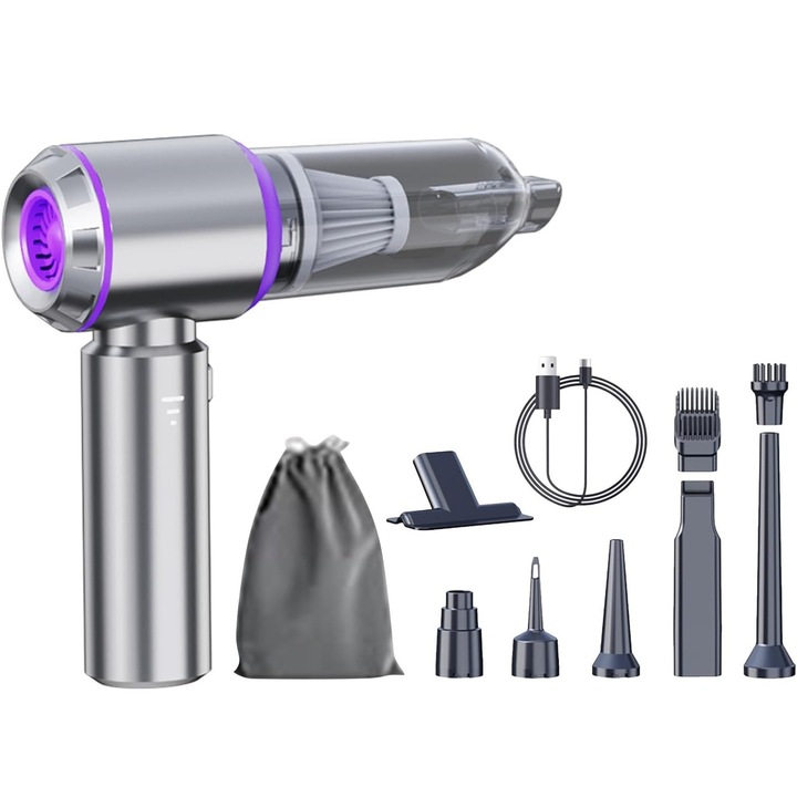 Aspirator Auto 4 in 1 Fara Fir, De Mana, Portabil cu Acumulator, Putere 100W, 3 Viteze, Functie Suflanta, Aspirare, 80000 RPM, Filtru HEPA, Incarcare USB Type-C, Uz Casnic, Acumulator 6000 mAh, Argintiu, Utilizare casnica, motor fara perii