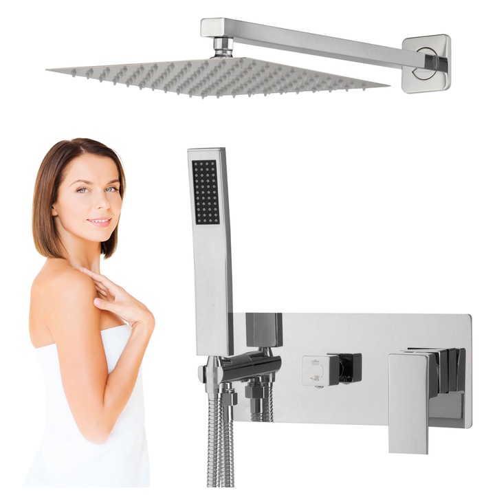 Set baterie dus S-1194 cu para patrata de 25cm, mecanica, montare perete, 2 functii de curgere a apei, Crom