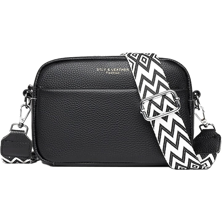 Чанта за рамо за жени Кожена в черен цвят, малка, с подвижна презрамка