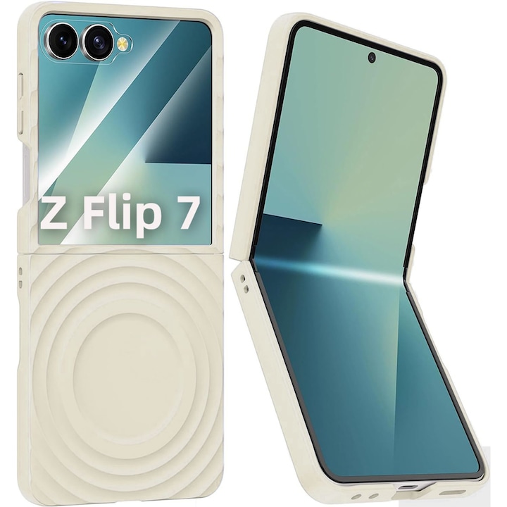 Калъф, Съвместим със Samsung Z Flip7, Модел Вълни, Противоударна защита, Приятна за кожата текстура, Антично бяло
