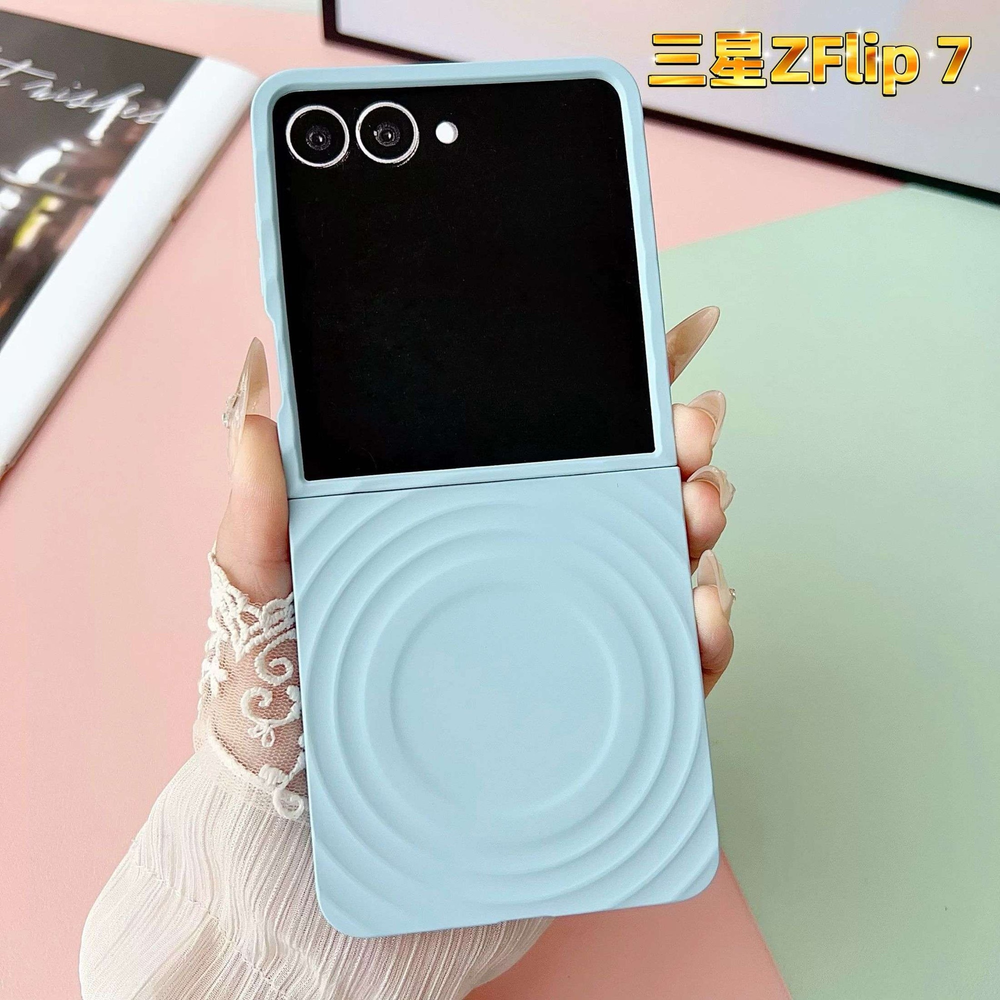Husa Compatibila Samsung Galaxy Z Flip7, Model Valuri, Magsafe, Protectie Antisoc, Textura Prietenoasa Cu Pielea, Albastru
