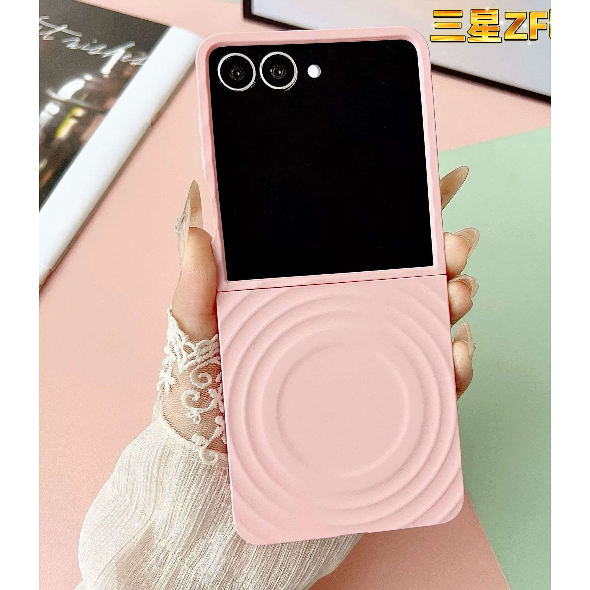 Husa Compatibila Samsung Galaxy Z Flip7, Model Valuri, Magsafe, Protectie Antisoc, Textura Prietenoasa Cu Pielea, Roz