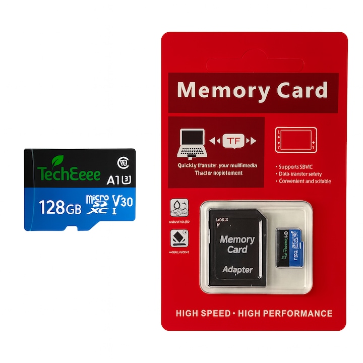 Карта памет MicroSDXC 128GB, TechEeee, Клас 10, UHS-I U3, Full HD, 4K UHD, + SD адаптер