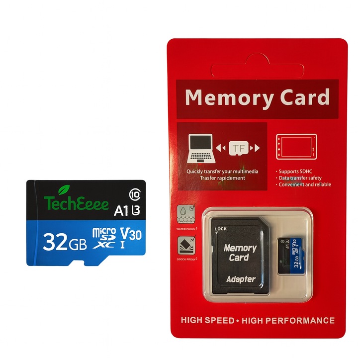 Карта памет MicroSDXC 32GB, TechEeee, Клас 10, UHS-I U3, Full HD, 4K UHD, + SD адаптер